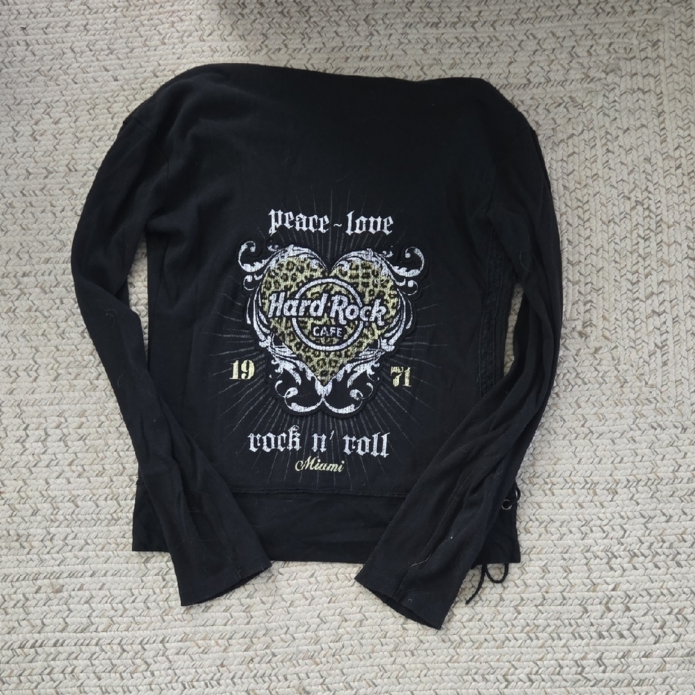 Hard Rock Cafe Miami Black Graphic Leopard Print Long Sleeve Zip Up Hoodie